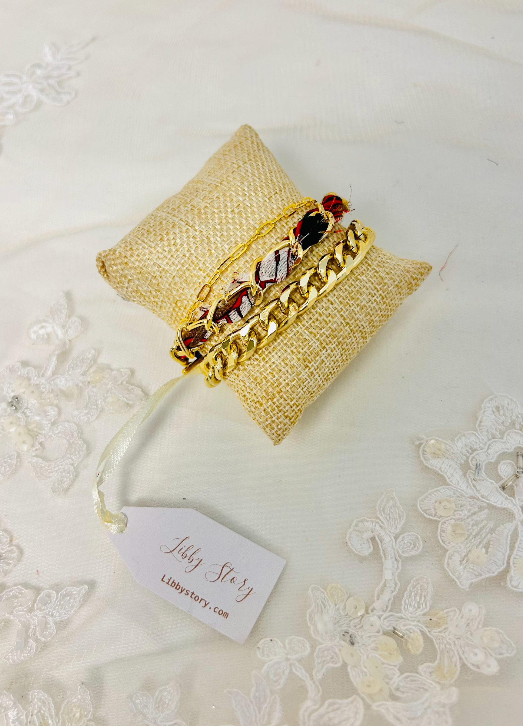 OOAK Fabric and Chain 3 Strand Bracelet