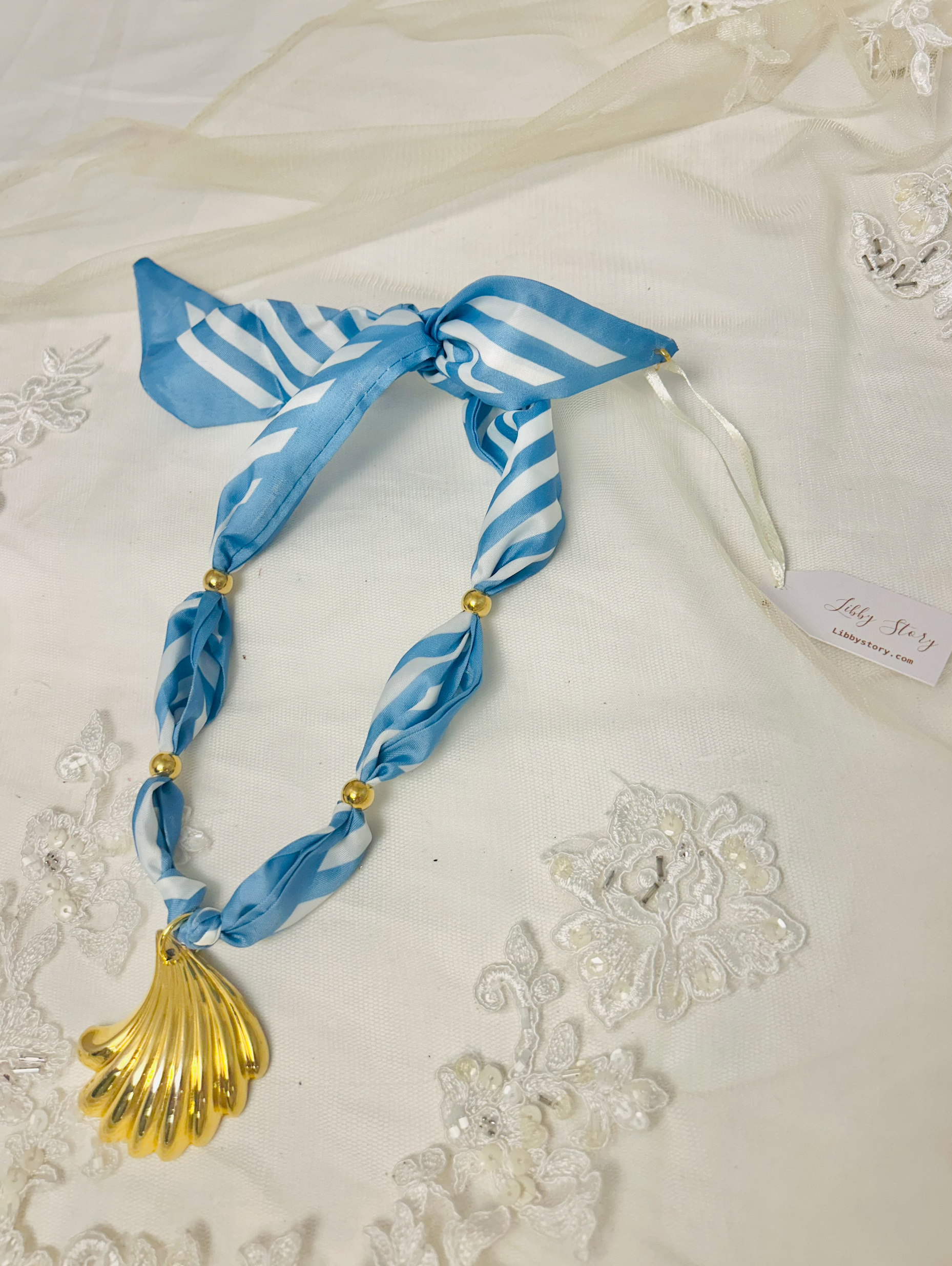 OOAK Vintage Shell Pendant Scarf Necklace