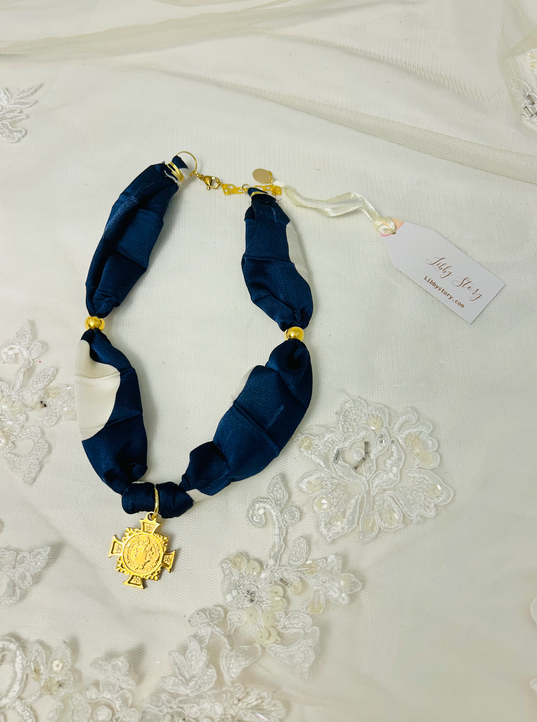 OOAK Satin Dot Fabric and Cross Scarf Necklace