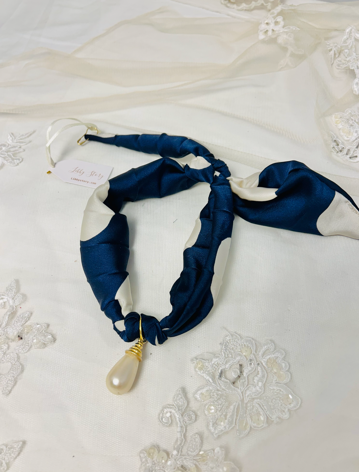 OOAK Handmade Satin Dot and Pearl Pendant Scarf Necklace