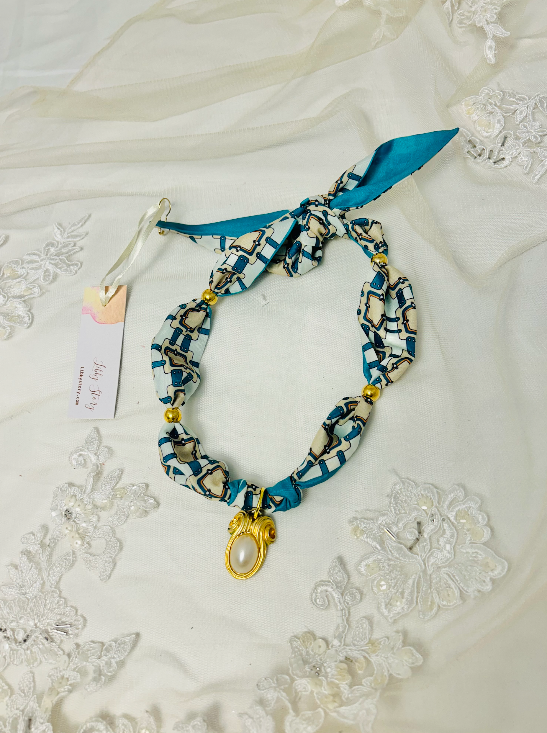 OOAK Handmade Print Scarf and Vintage Pearl Pendant Scarf Necklace