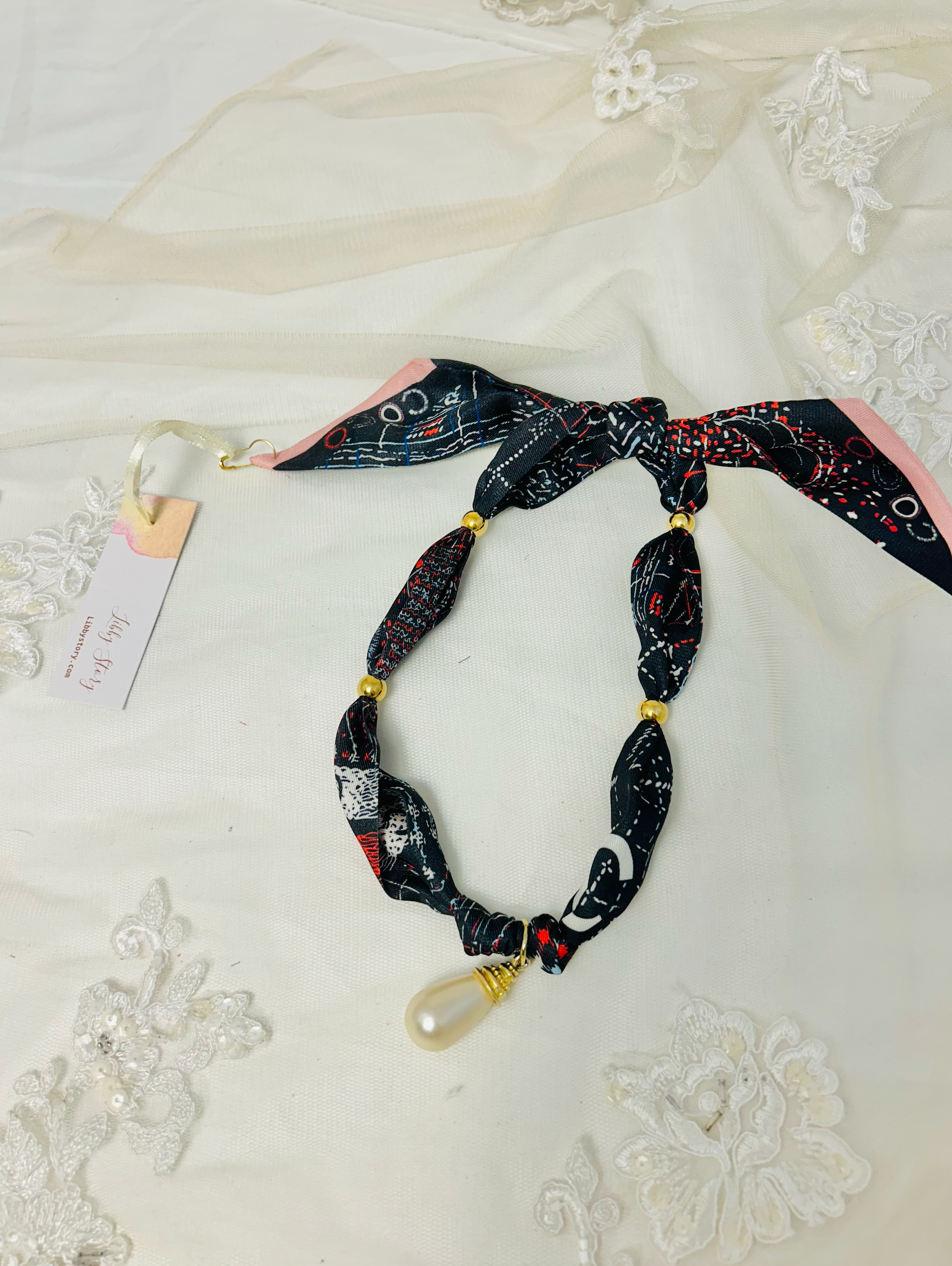 OOAK Handmade Designer Inspired Scarf and Pearl Drop Necklace