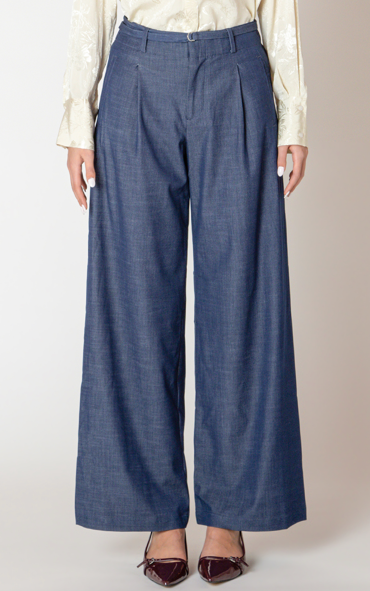 BELTED DENIM EFFECT PANT