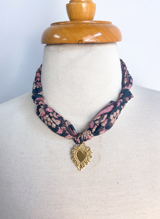 OOAK Silk Printed Scarf and Heart Necklace