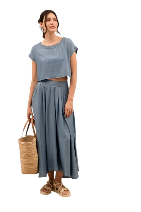 Chambray Pleated Midi Skirt