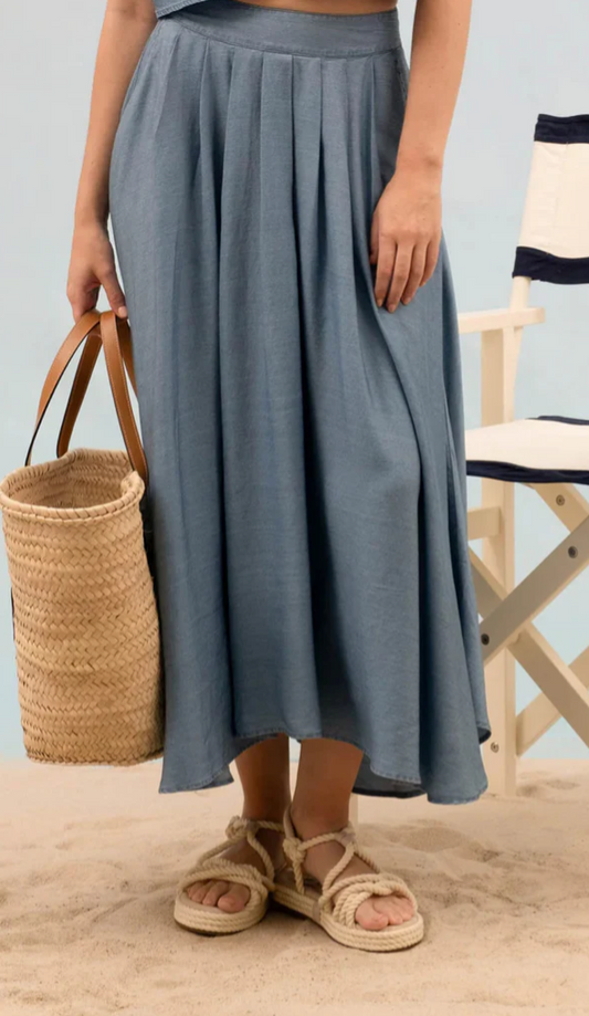 Chambray Pleated Midi Skirt