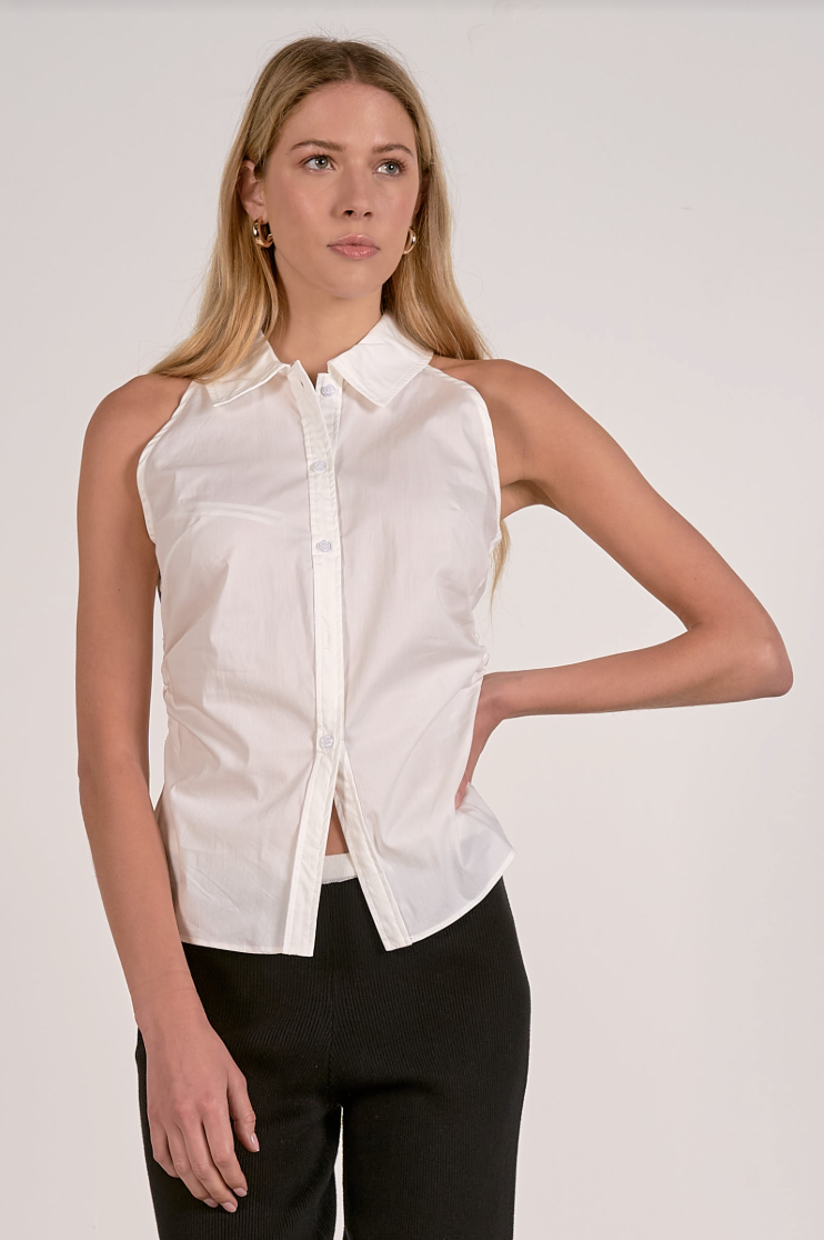 Elan Sleeveless Collar Button Up Top