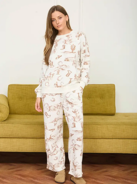 Western Print Elastic Waist Joggers