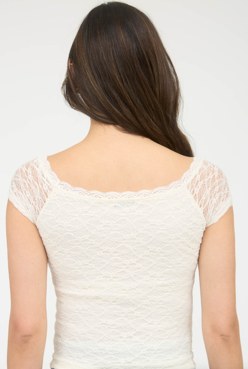 Lace Front Bow Detail Short Sleeve Knit Top
