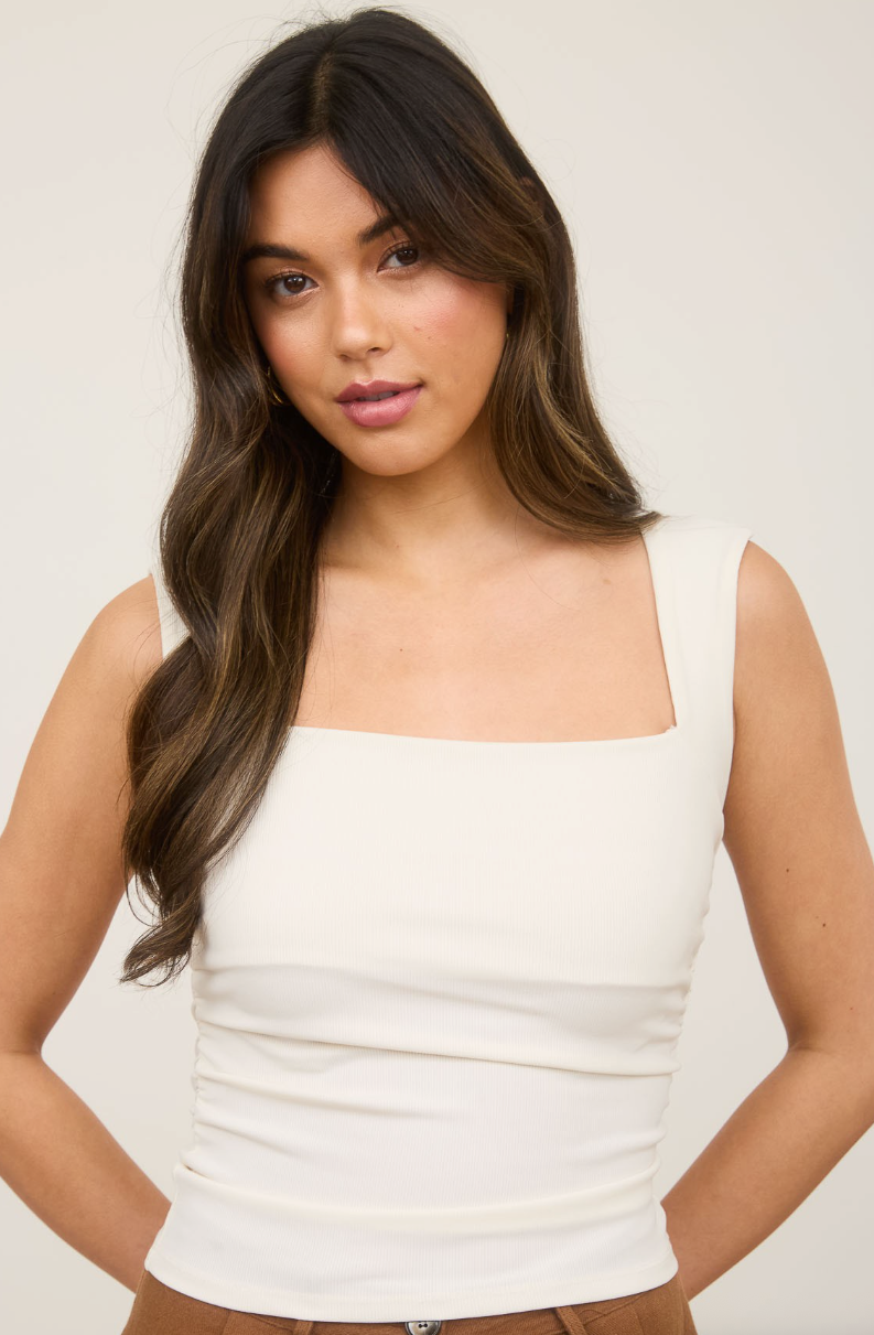Square Neck Sleeveless Ruched Detail Top