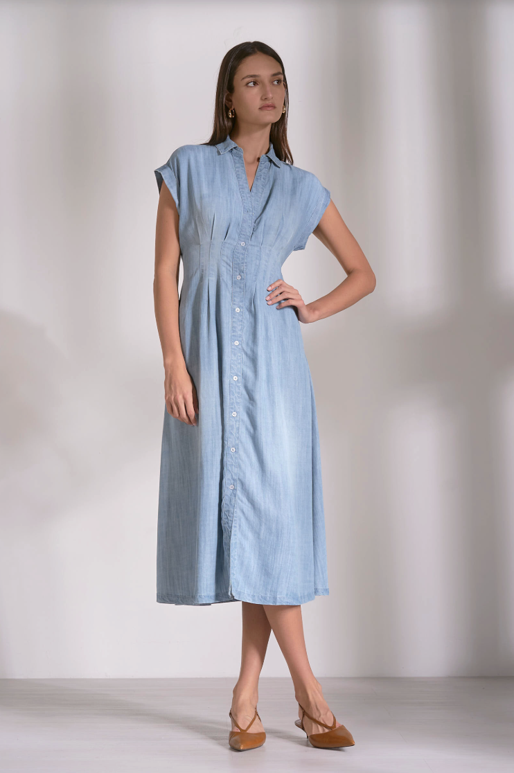 Elan Denim Cap Sleeve Midi Dress