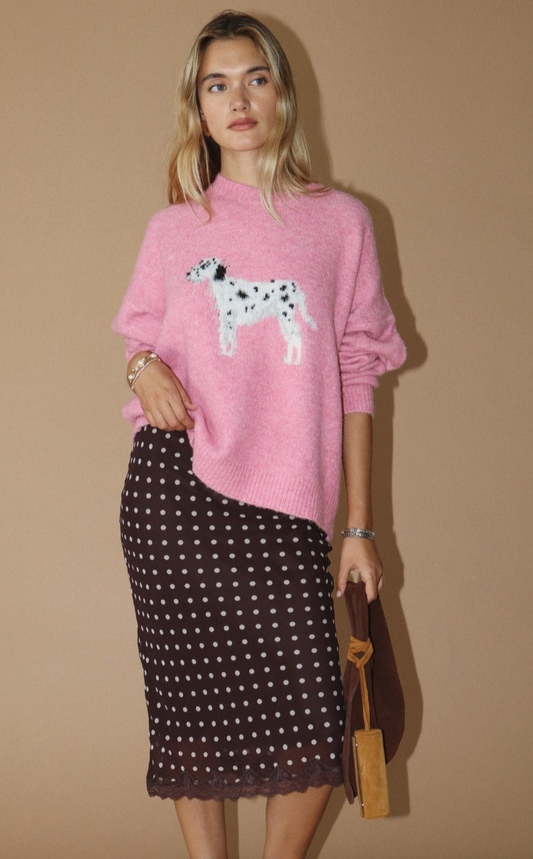 Dalmatian Dog Graphic Fuzzy Pink Sweater