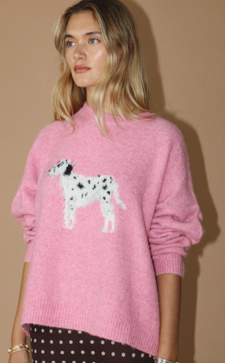 Dalmatian Dog Graphic Fuzzy Pink Sweater