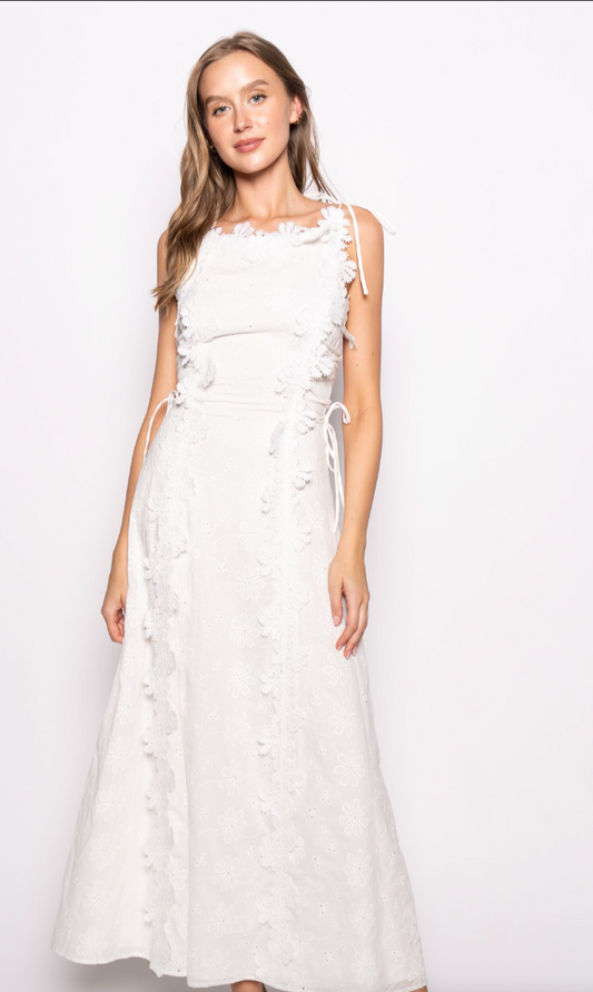 Floral Detail Embroidery Eyelet Laced Up Maxi Dress