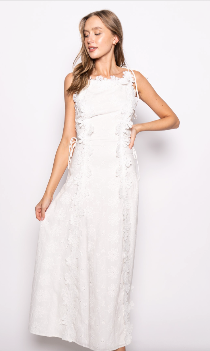 Floral Detail Embroidery Eyelet Laced Up Maxi Dress