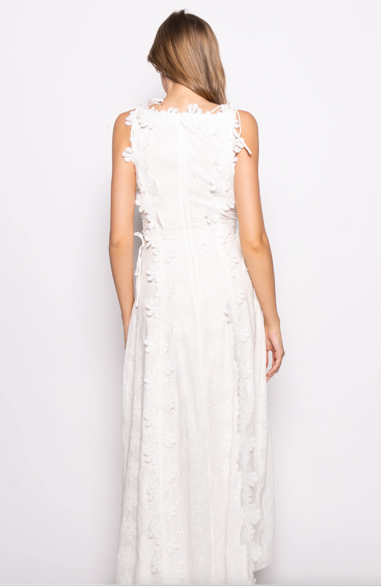 Floral Detail Embroidery Eyelet Laced Up Maxi Dress