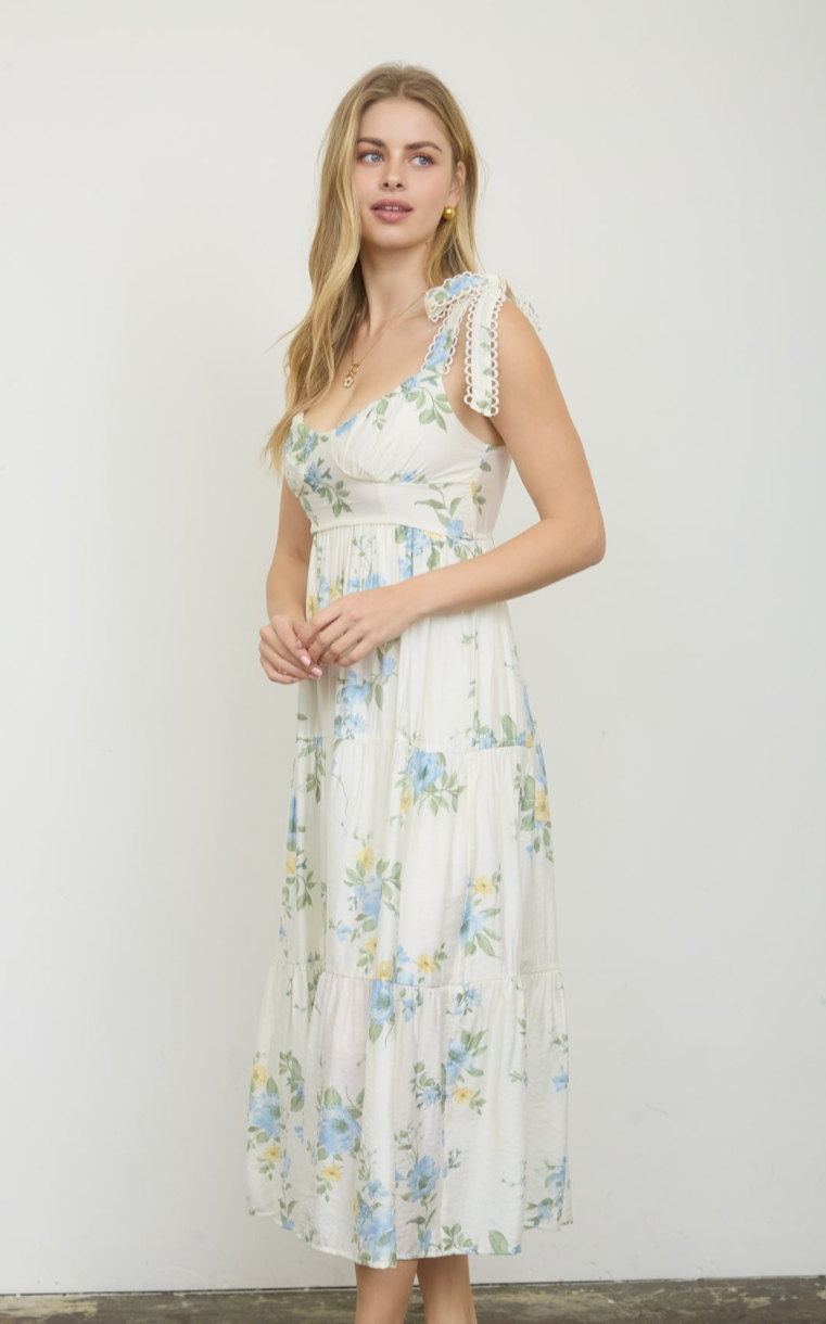 Floral Tie Strap with Scallop Lace Trim Midi Dress