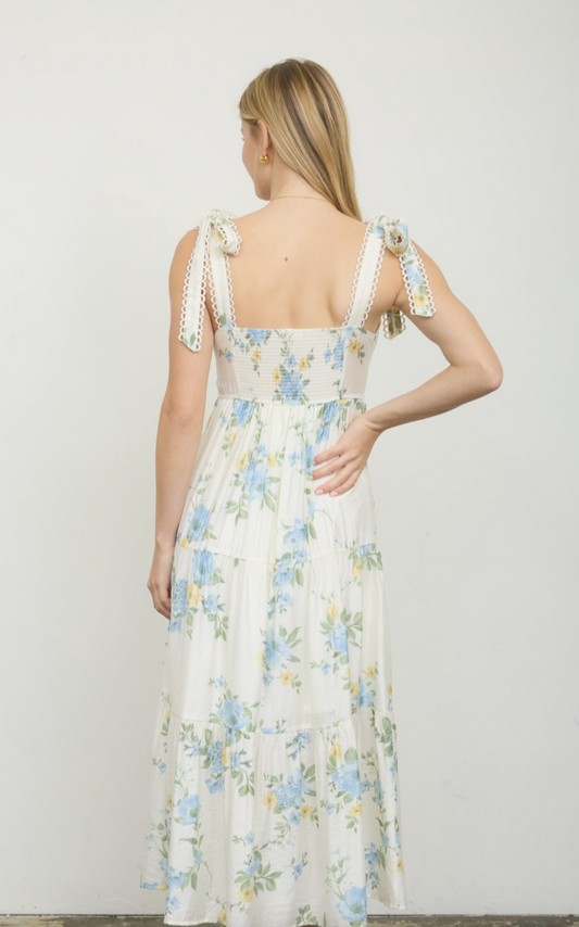 Floral Tie Strap with Scallop Lace Trim Midi Dress