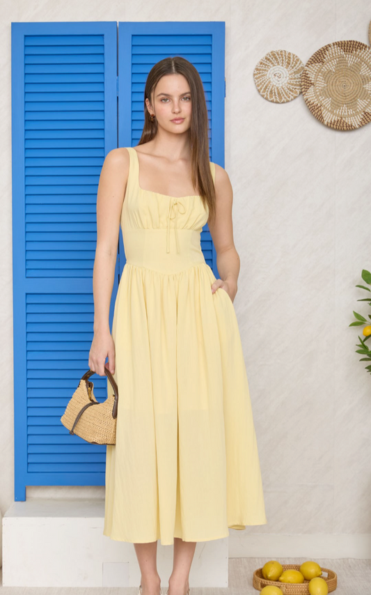 Square Neck Front Tie Corset Detail Midi Dress