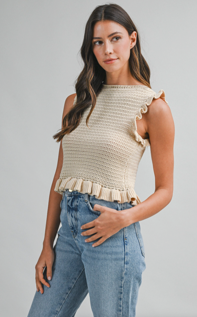 Front Tie Crochet Knit Ruffle Knit Top