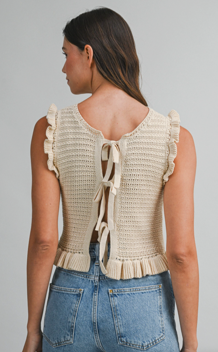 Front Tie Crochet Knit Ruffle Knit Top
