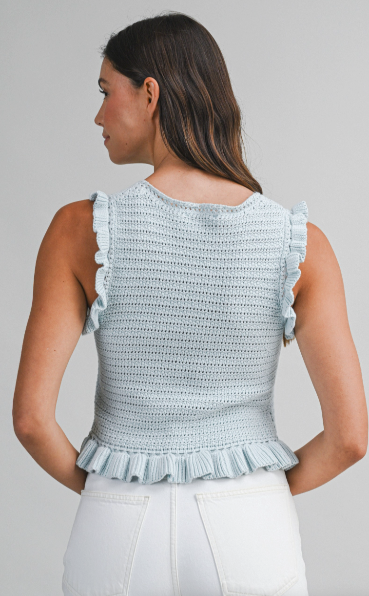 Front Tie Crochet Knit Ruffle Knit Top