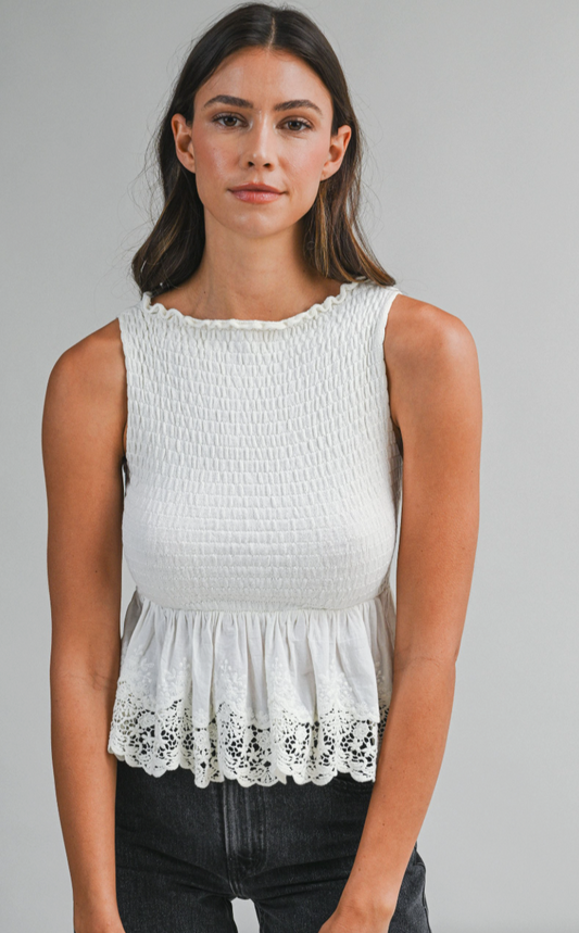 Smocked Lace Hem Combo Sleeveless Top