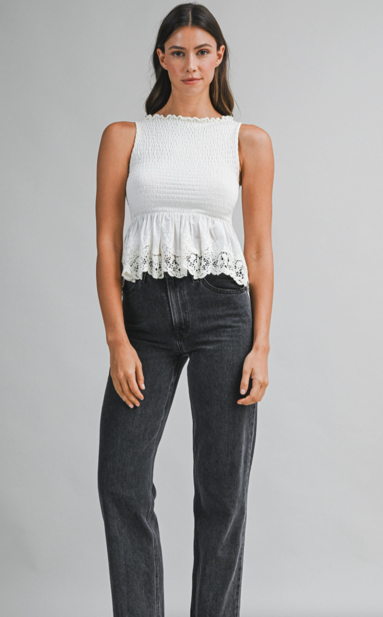 Smocked Lace Hem Combo Sleeveless Top