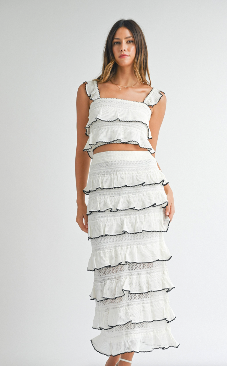 Tiered Ruffled Knit Midi Skirt