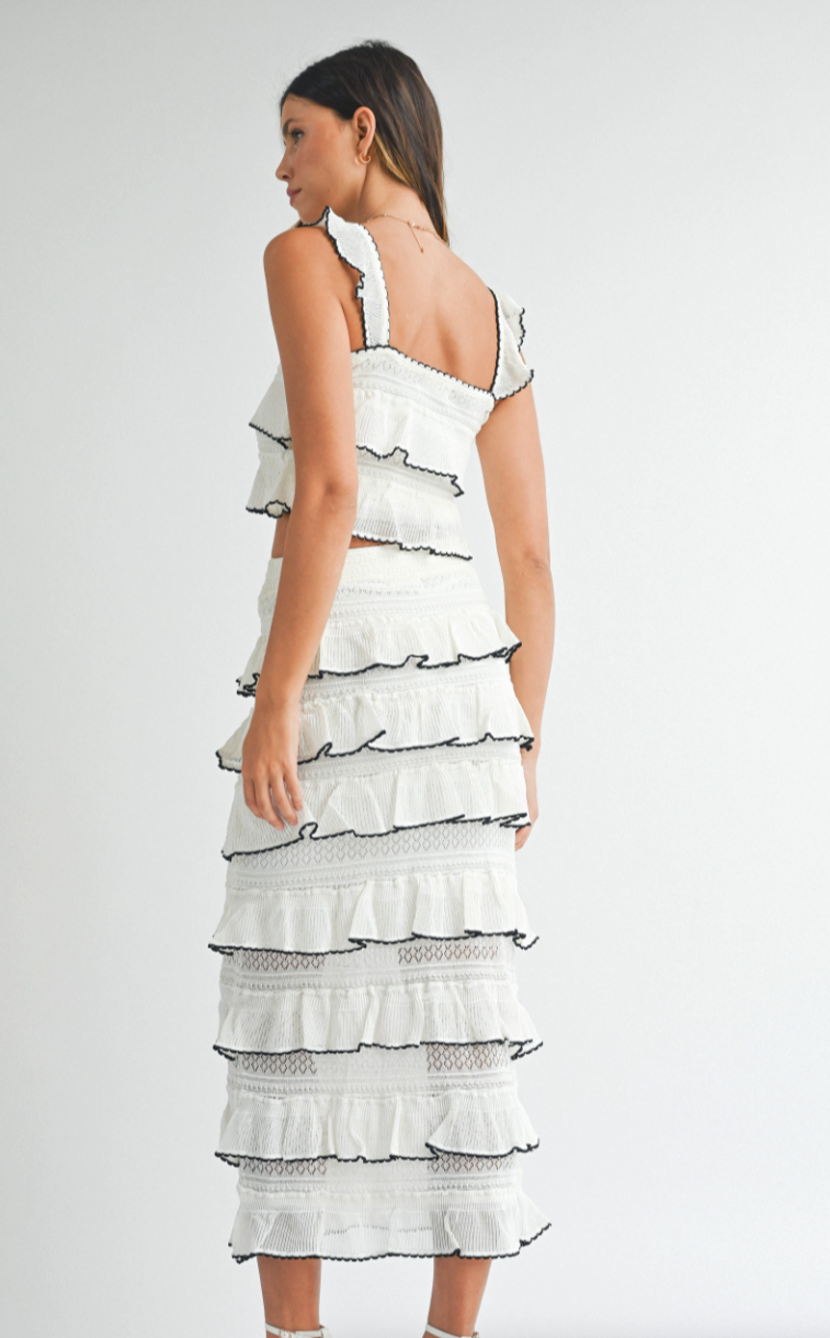 Tiered Ruffled Knit Midi Skirt