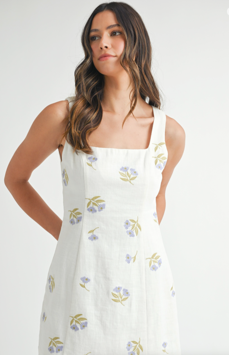 Embroidered Square Neck Mini Dress