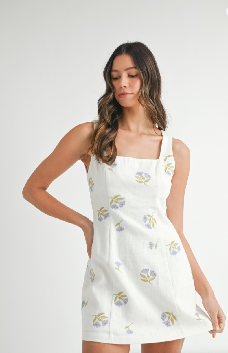 Embroidered Square Neck Mini Dress