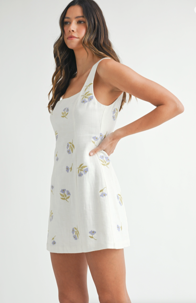 Embroidered Square Neck Mini Dress