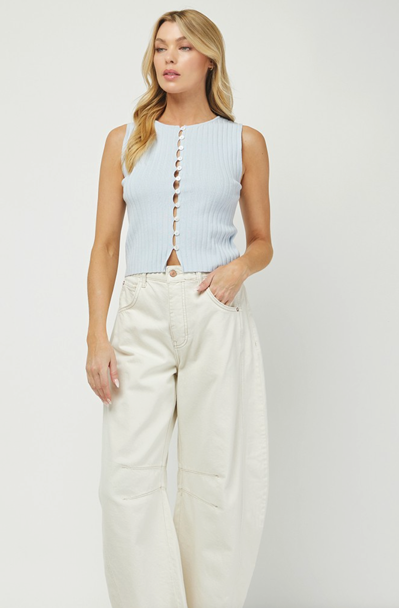 Ribbed Sweater Sleeveless Button Up Top