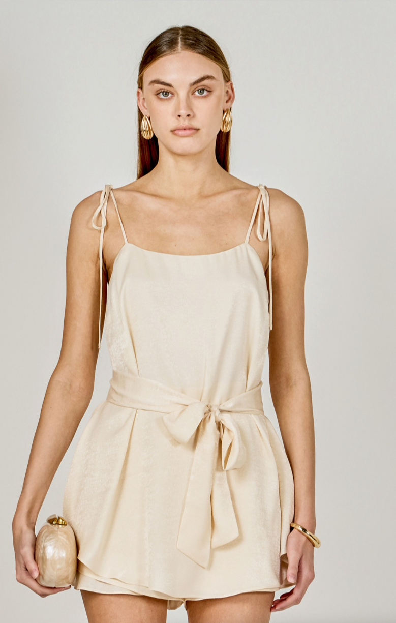 Spaghetti Tie Belted Romper Dress