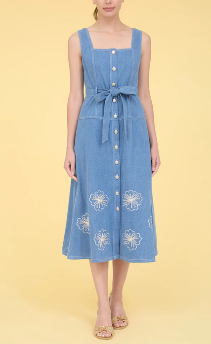 Zoe and Claire Sleeveless Denim Dress with Embriodery