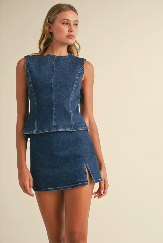 Denim Mini Skort with Slit