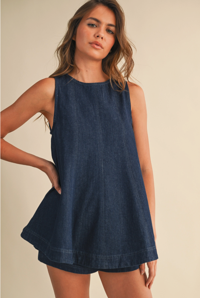 Denim Longline Sleeveless Top And Shorts Set