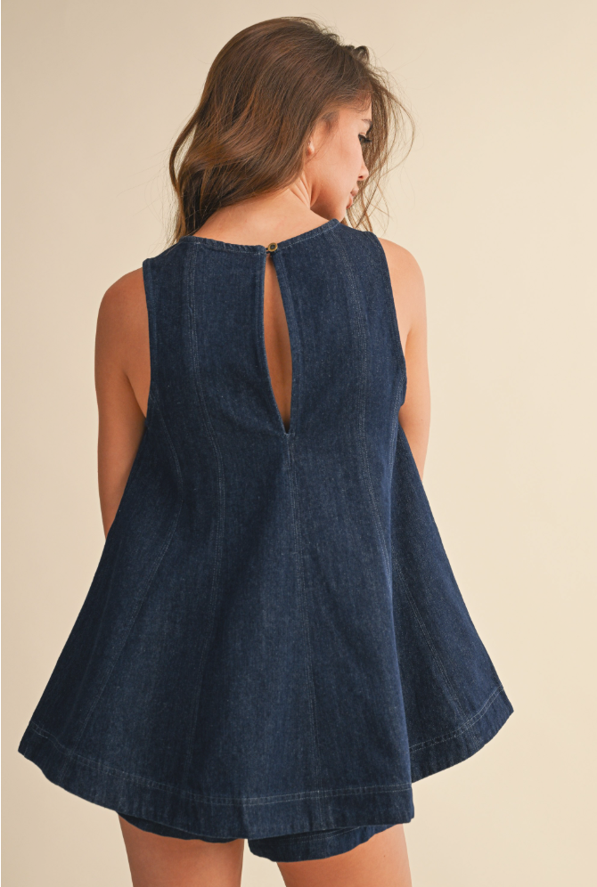 Denim Longline Sleeveless Top And Shorts Set