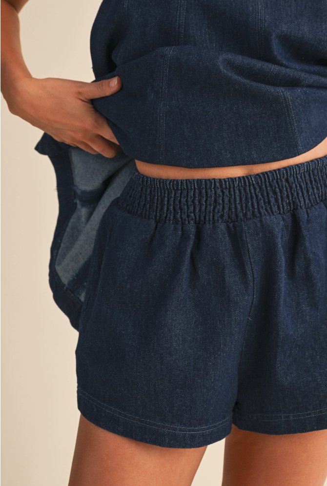 Denim Longline Sleeveless Top And Shorts Set