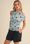 Polka Dot Asymmetric Ruched Off The Shoulder Top