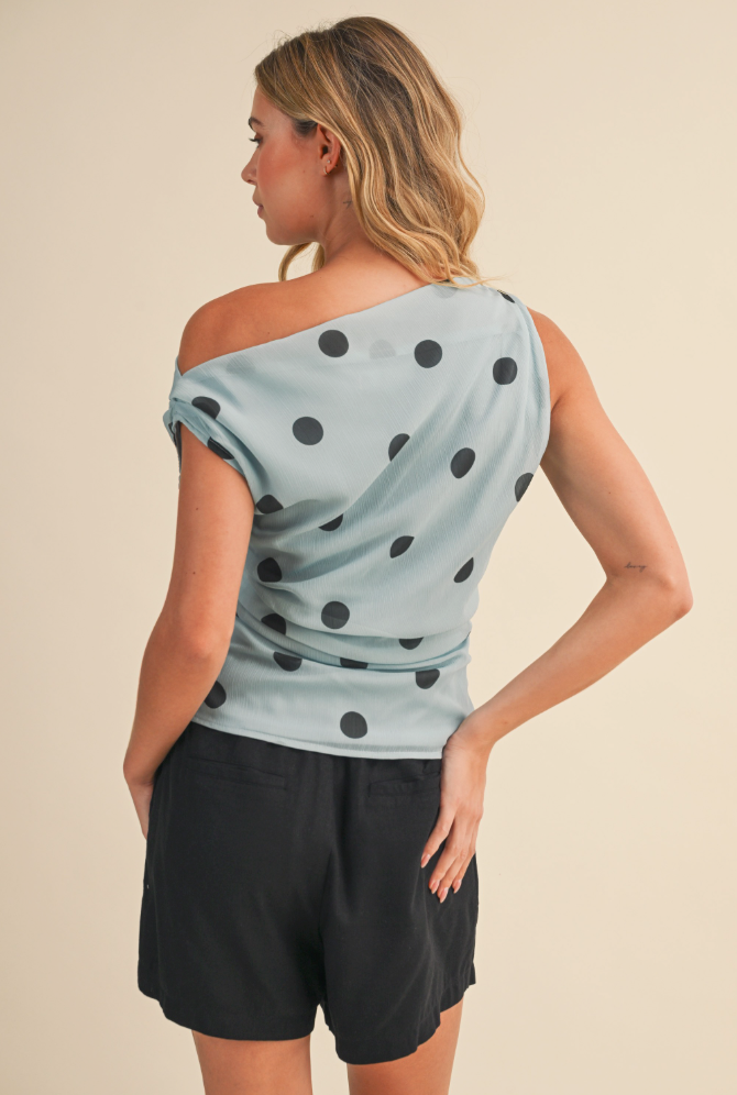 Polka Dot Asymmetric Ruched Off The Shoulder Top