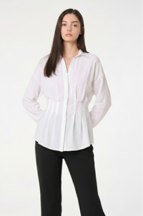 PLEAT DETAIL AT WAIST LONG SLEEVE SHIRT