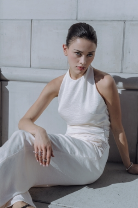 High Round Neck Tie Halter with Gold Ring Detail