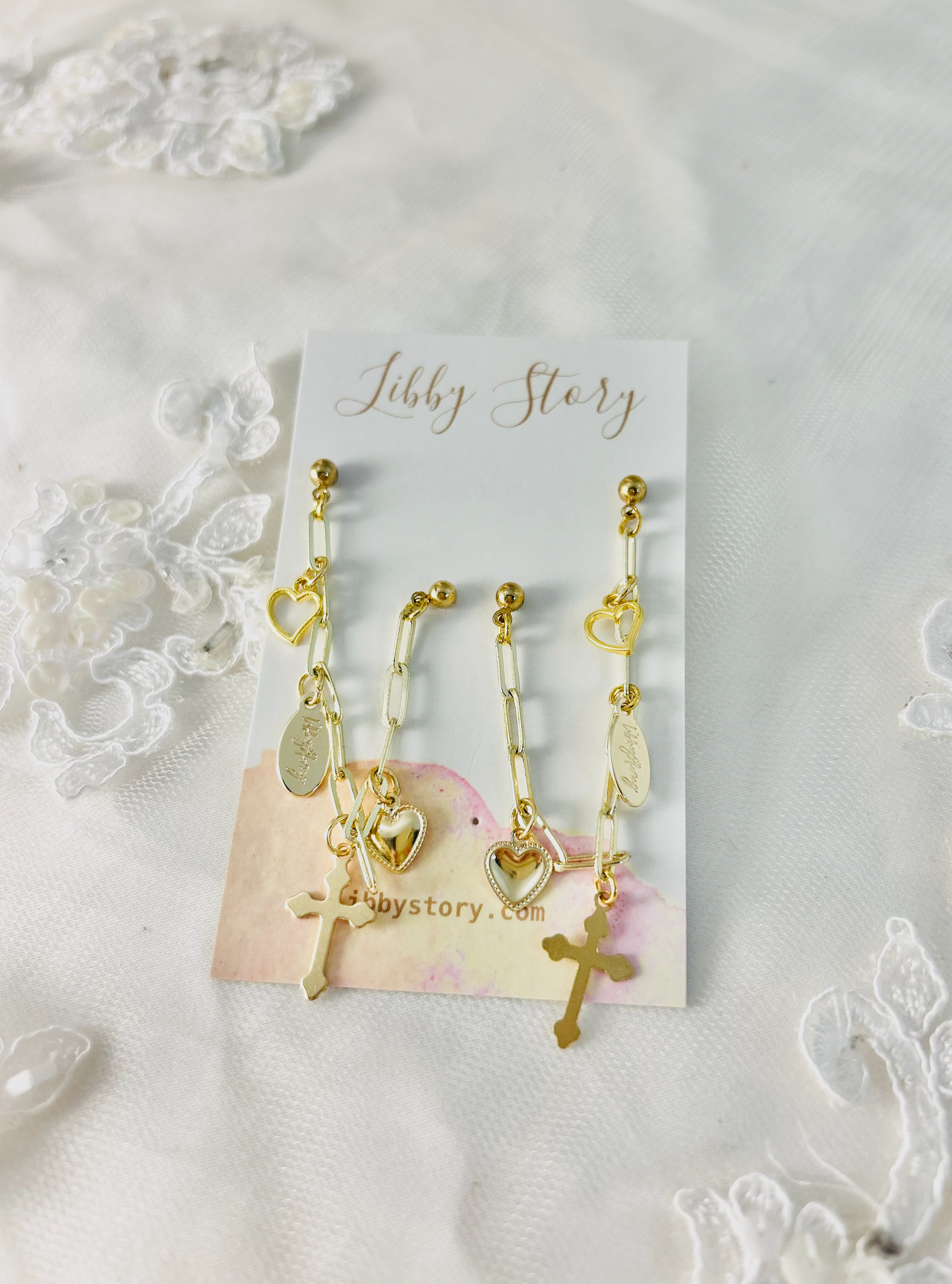 Double Stud Earrings w/Charms + Chain