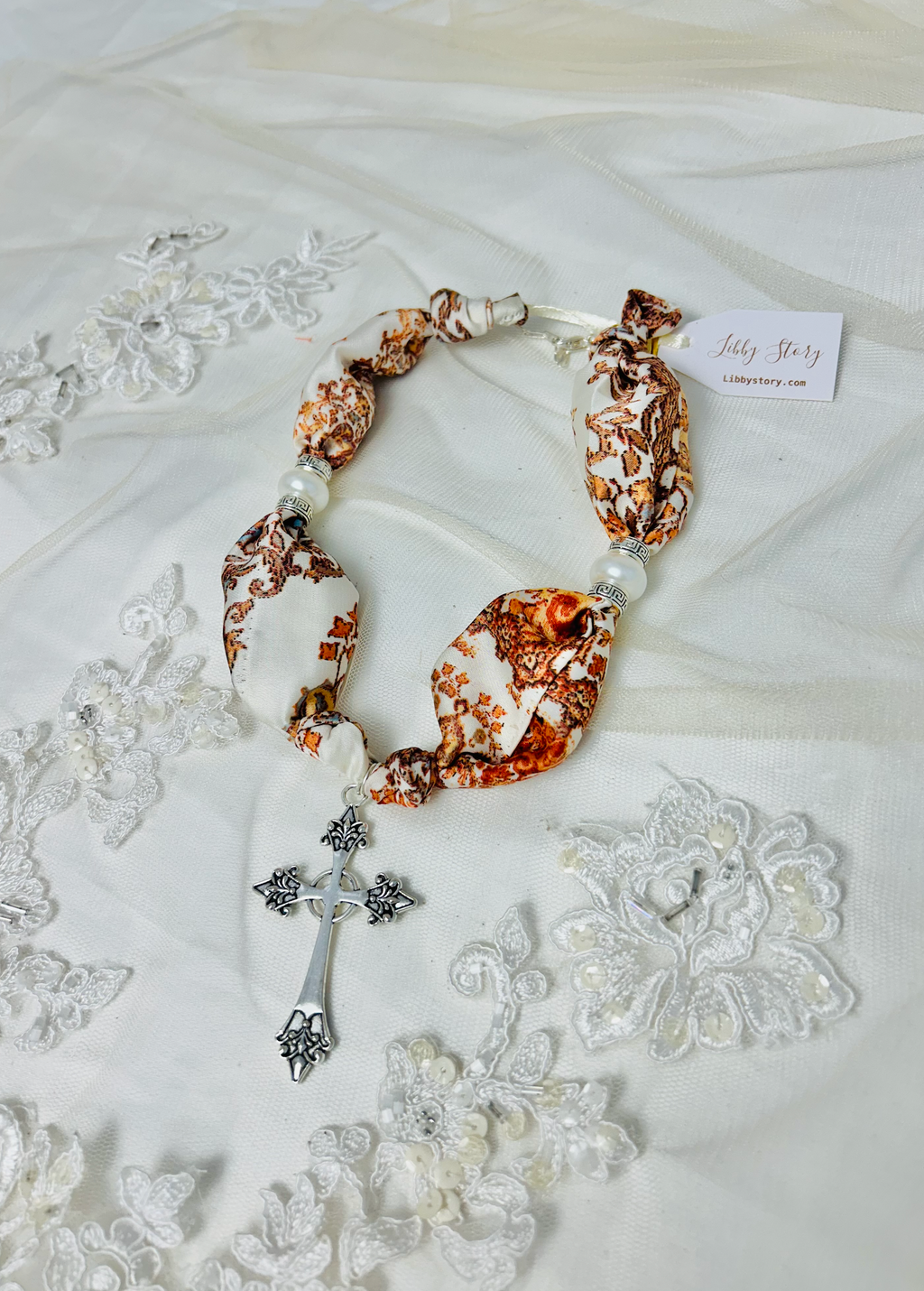 OOAK Silver Cross and Pearl Spacer Scarf Necklace