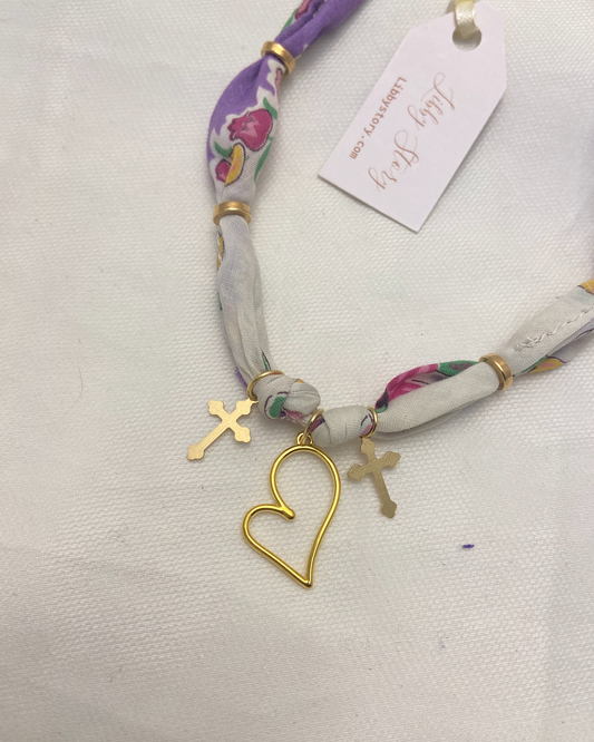 OOAK Vintage Hanky Heart Cross Charm Necklace