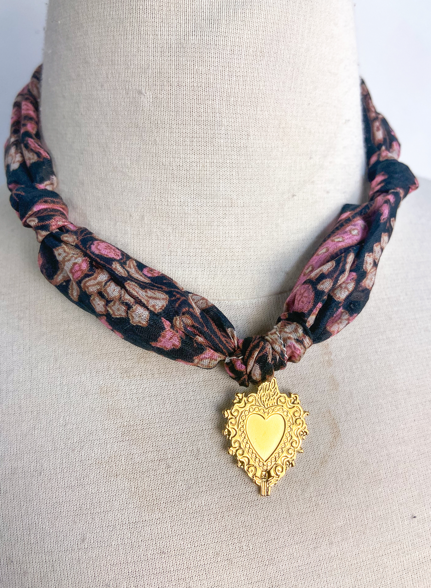 OOAK Silk Printed Scarf and Heart Necklace
