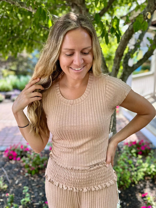 Vintage Havana Wide Rib Knit Lettuce Edge Cropped Tee