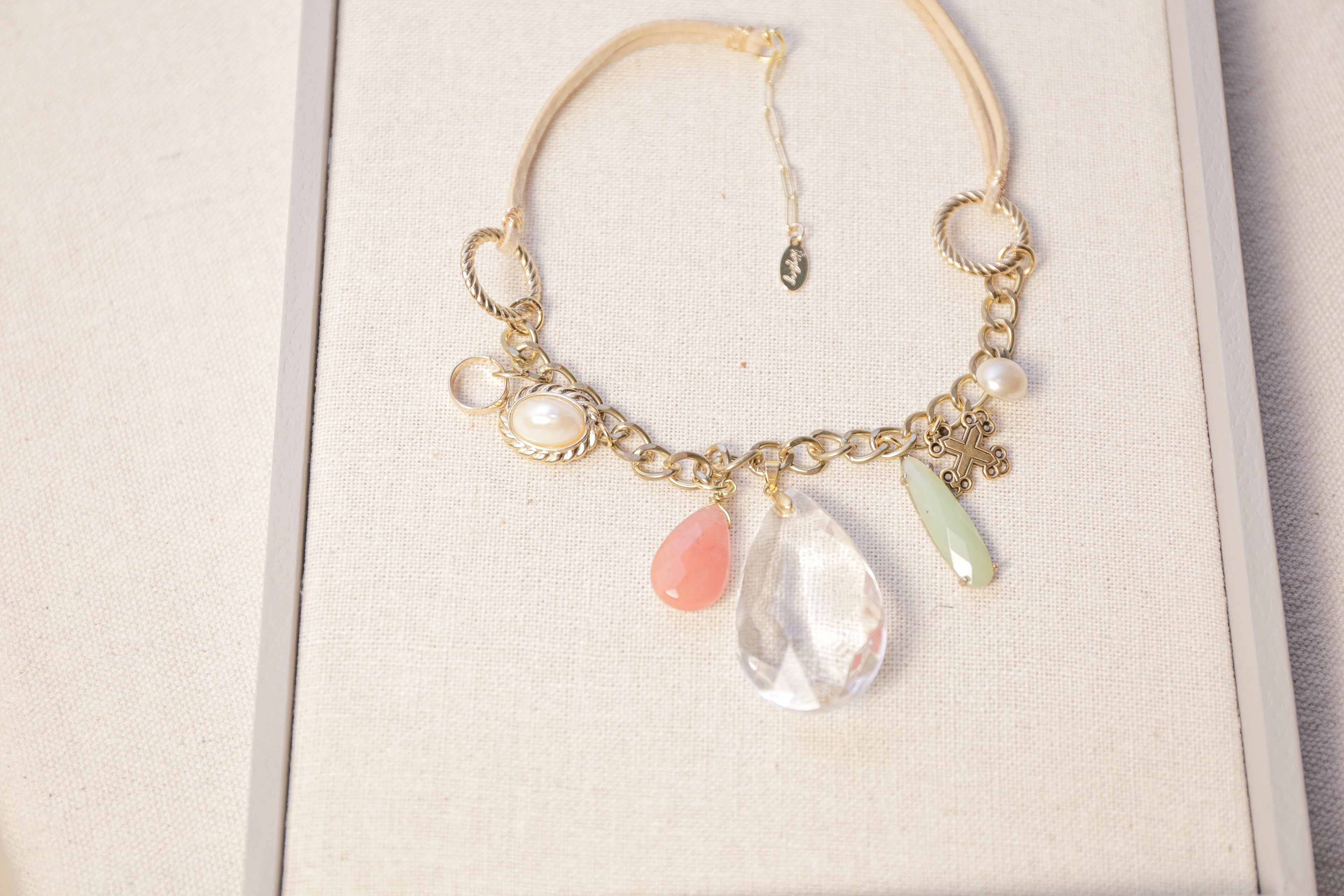 LS Upcycled Vintage Charms Brass Leather Necklace